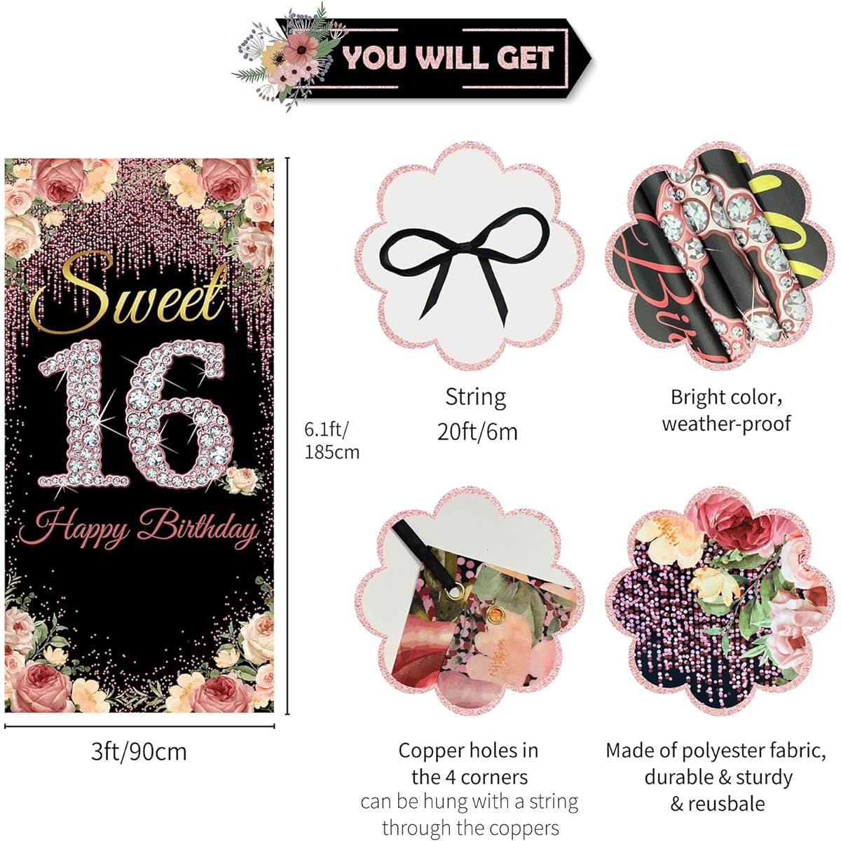 Sweet 16th Birthday Backdrop Door Banner for Girls 16th Birthday Decorations Sweet 16th Birthday Photo Props 16th Birthday Party Yard Sign Outdoor Indoor Durable Fabric Vicycaty
