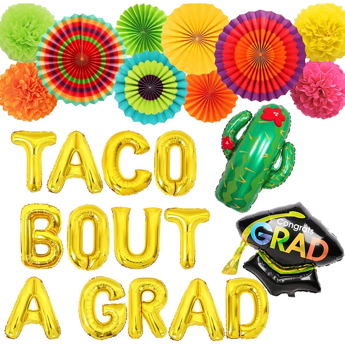 Mexican Fiesta Graduation Decorations 2022 Taco Bout Graduation Banner, Cactus & Graduation Cap, Foil Balloons, Hanging Paper Fan Flowers, 2022 Graduation Party Supplies