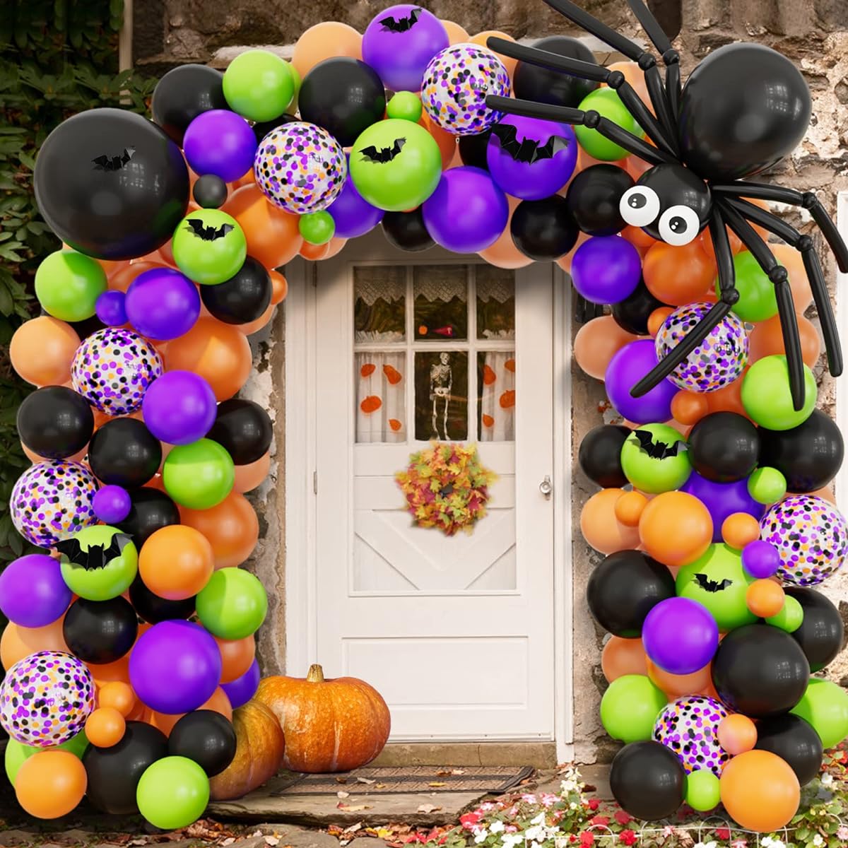 Halloween Balloon Garland Kit with Spider Bat Balloons Black Orange Purple Green Confetti Long Balloons 3D Bat Stickers Halloween Theme Party Supplies Classroom Backdrop Decorations