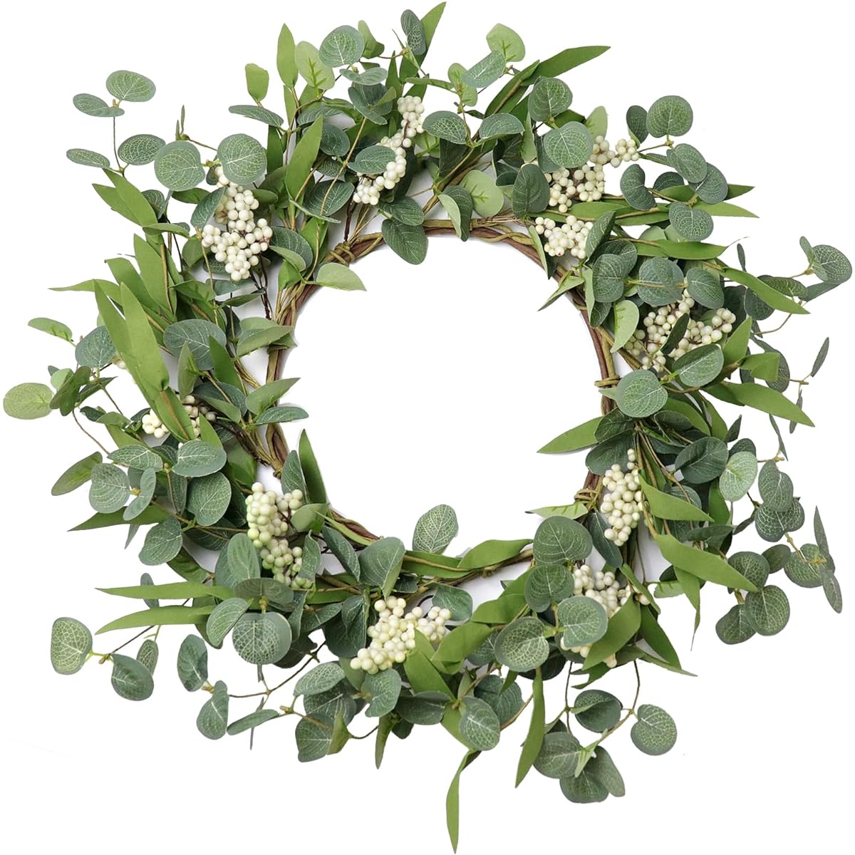 PEYZCNOK 20" Eucalyptus Wreath for Front Door, White Berry Green Wreath, Greenery Decoration for Home Farmhouse Patio Garden Window Wedding Decor, Spring Summer Autumn Winter All Seasons