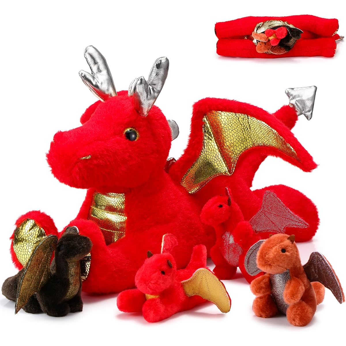 Syhood 18" Dragon Plush Toy with Baby, 1 Big Mama Dragon Plush and 4 Small Dragon Plush, Inner Zippered Belly for Kids Birthday Graduation Gifts, Dragon Themed Party Decorations (Red)