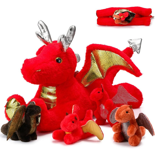 Syhood 18" Dragon Plush Toy with Baby, 1 Big Mama Dragon Plush and 4 Small Dragon Plush, Inner Zippered Belly for Kids Birthday Graduation Gifts, Dragon Themed Party Decorations (Red)