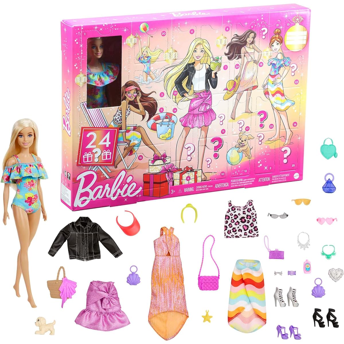 Barbie Advent Calendar with Barbie Doll,24 Surprises Including Day Night Trendy Clothing & Accessories, Festive Holiday Themed for Kids 3 to 7 Years - GYN37