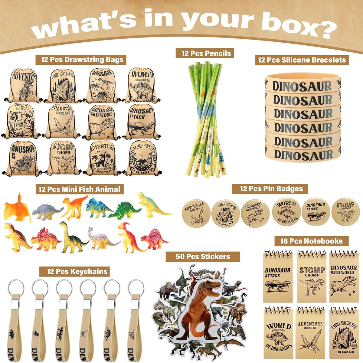 Wettarn Dinosaur Party Favors - 91pcs Dinosaur Toys, Silicone Wristbands, Badges, Notebooks, Drawstrings, Backpacks, Keychains, Dinosaur Pencil Stickers, Dinosaur Prize Gifts, Pinatas, Goodie Bags and Stuffers