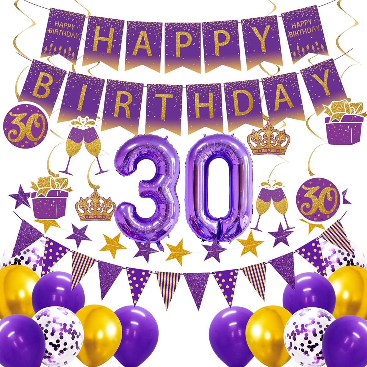 MEIWUTIE 30th Purple Birthday Decorations for Women, Purple and Gold Butterfly Party Decorations, 30th Foil Balloons, Happy Birthday Banner, Photography Backdrop for Women and Girls, Wedding Anniversary