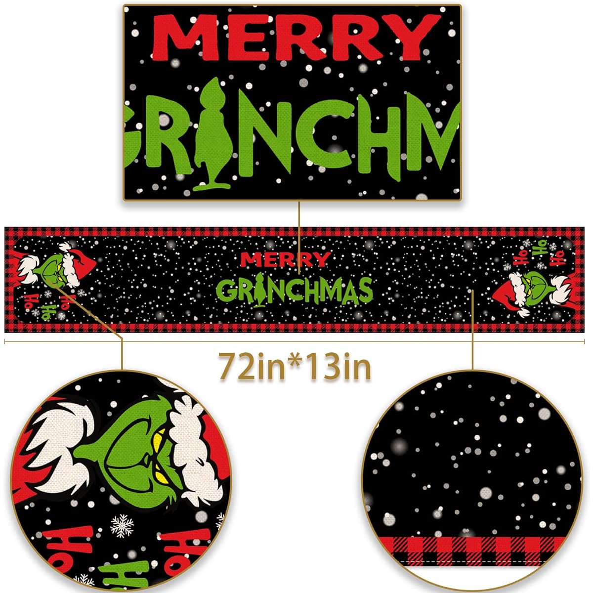 Pudodo Christmas Table Runner Merry Grinchmas Ho Ho Ho Buffalo Plaid Check Winter Holiday Party Kitchen Dining Home Decor