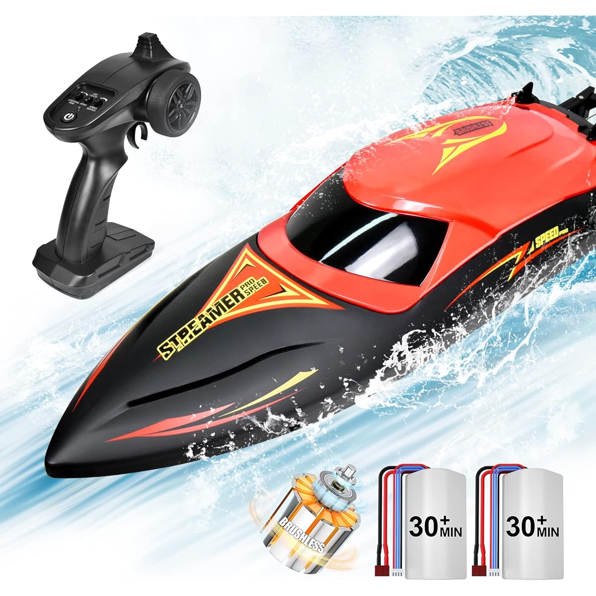 Hosim Brushless RC Boat High Speed Remote Control Boat 2.4GHz Racing Boat with LED Lights Sea Pool Lake Speed Boat Toys for Adults Boys Girls 2 Batteries Over 40 Minutes Playtime (Red)