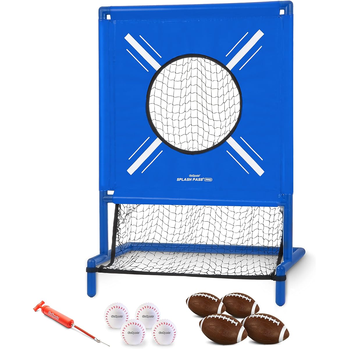 GoSports Splash Pass PRO Pool Football Game - Includes 4 Footballs, 4 Baseballs and Ball Pump