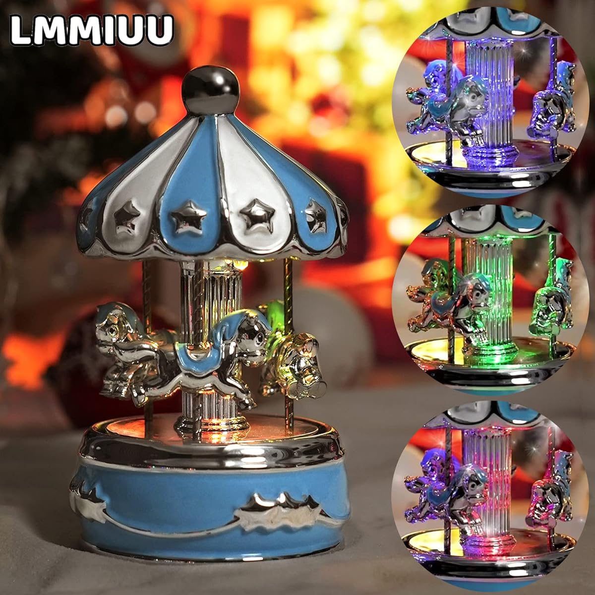 LMMIUU Music Box Musical Carousel Twinkle Twinkle Little Star Music Box Ceramic Carousel Horse Twinkle Little Star Baptism Birthday Girl Boy Blue Star