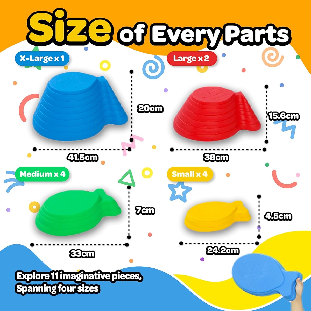 Marlo & Buzz Stepping Stones for Kids - 11 Piece Indoor and Outdoor Balance Blocks Toys Anti-Slip Stones for Toddlers and Kids for Gross Motor Skills & Obstacle Courses