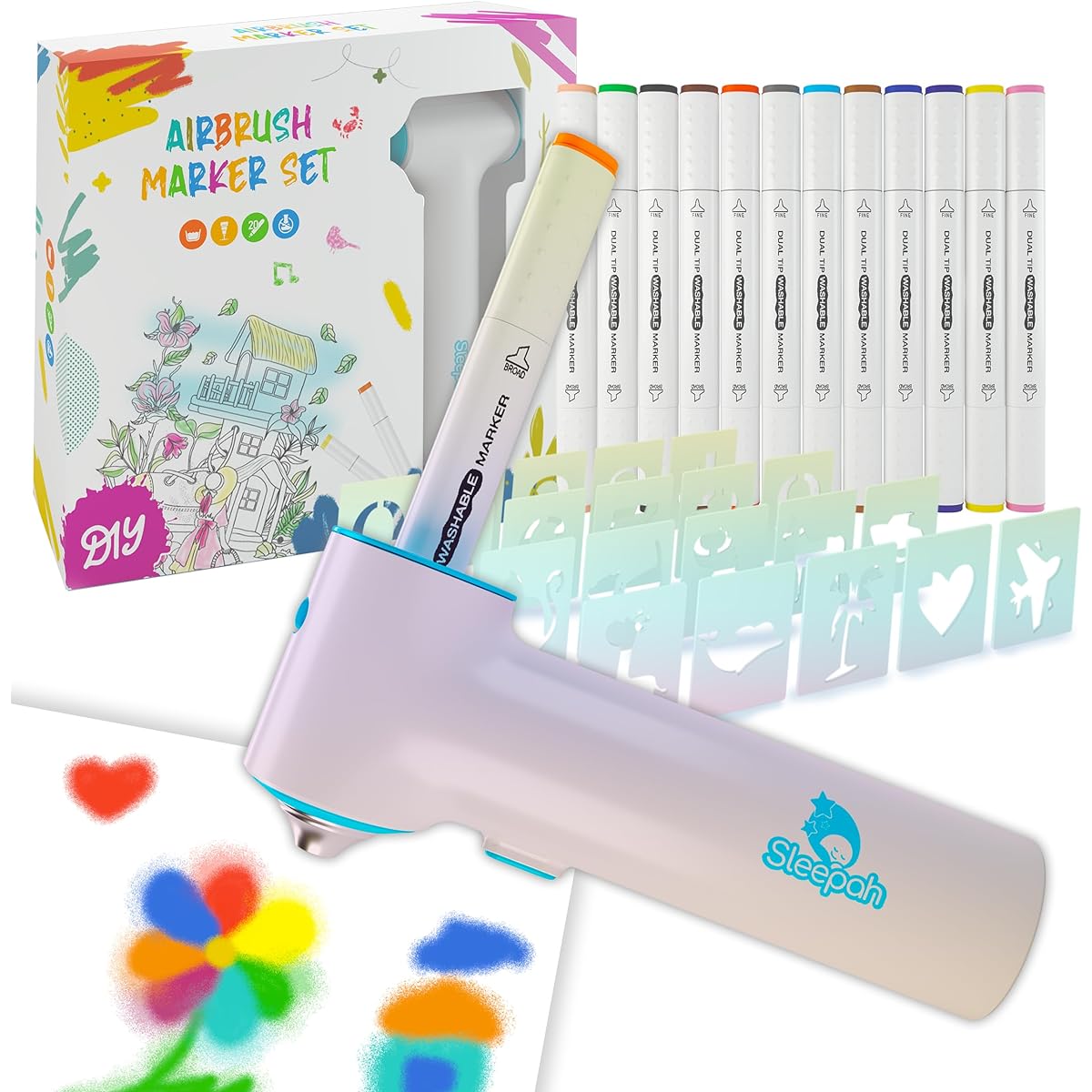 Sleepah Airbrush Marker Set for Kids, 12 Washable Markers and 20 Stencils for Ages 5, 6, 7, 8, and 9 (Airbrush Market Set), SL190