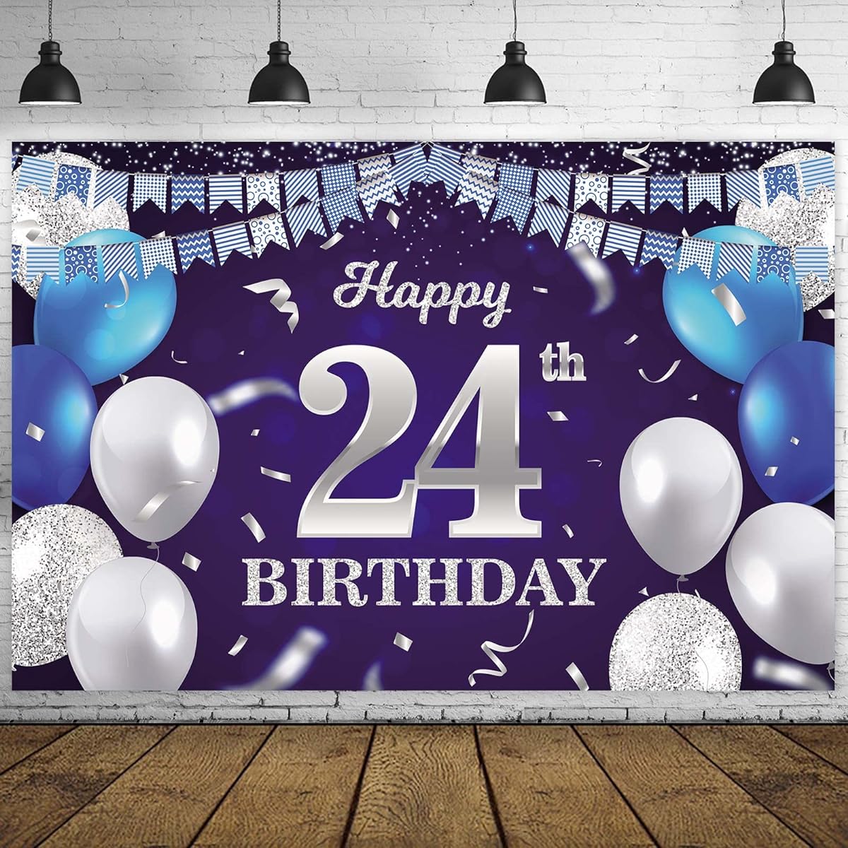 Happy 24th Birthday Banner Backdrop Navy Blue Balloons Confetti Stripes Flags Lights Spots Cheers 24 Years Old Theme Decorations Decor for Women Men 24th Birthday Party Birthday Supplies Glitter Silver
