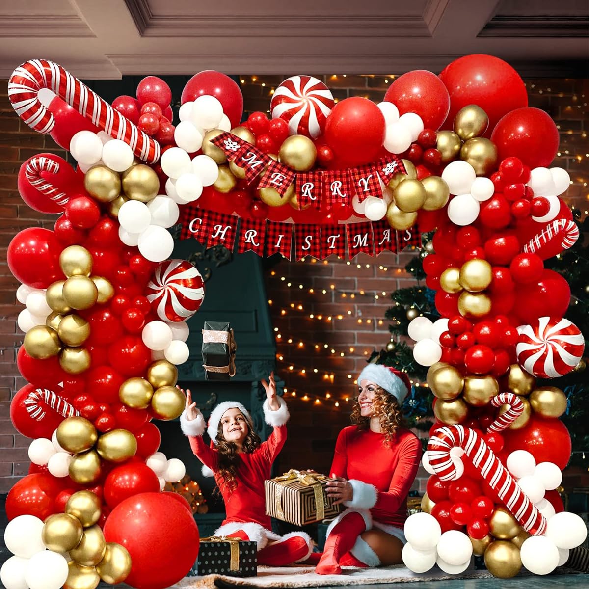 DBKL Christmas Balloon Garland Arch Kit 153pcs Christmas Red Gold White Balloons Candy Cane Foil Balloons Christmas Party Decorations Birthday Christmas Party Supplies