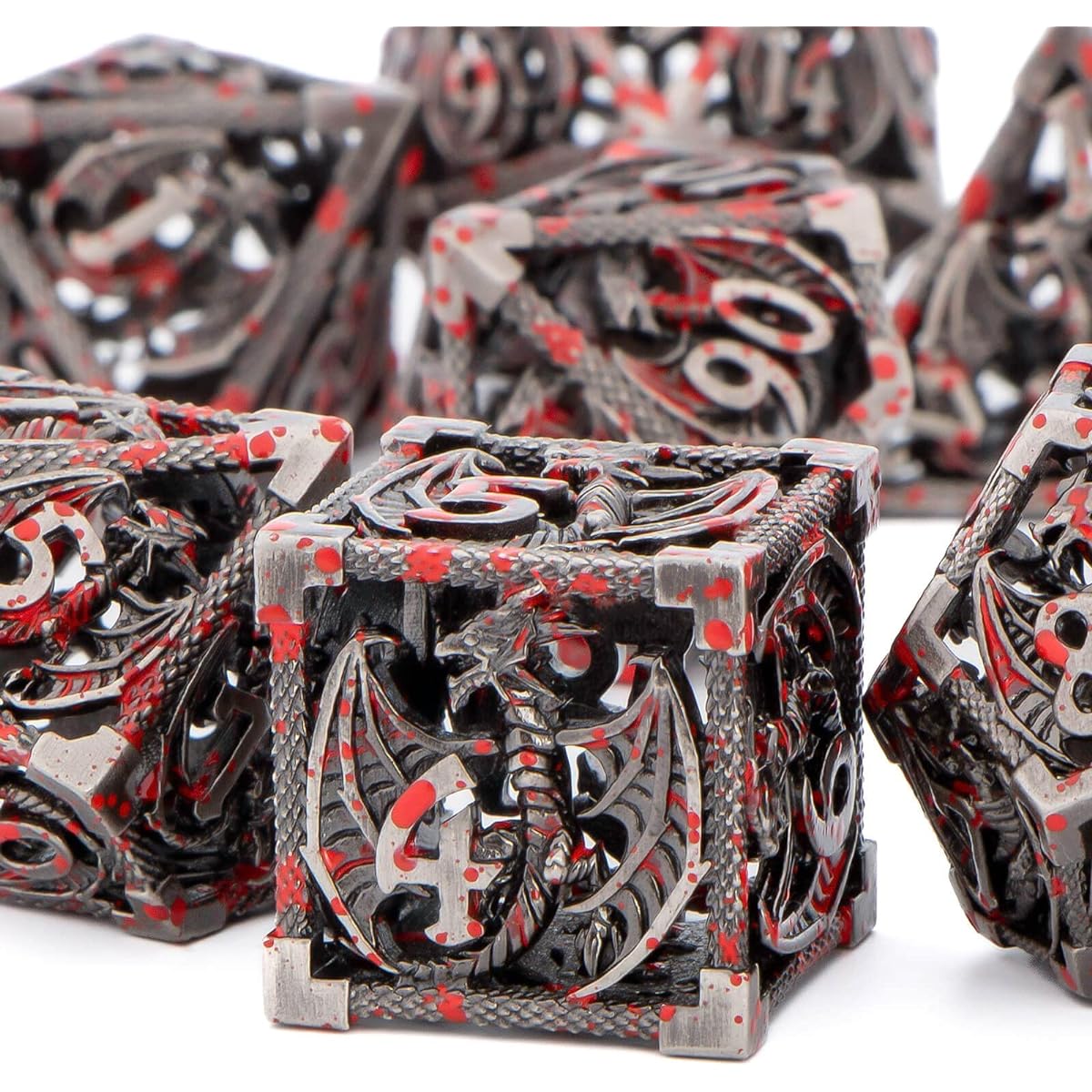 KERWELLSI Hollow DND Metal Dice Set with Box 7 Pieces Blood Spudder Dungeons & Dragons Polyhedral D&D Dice Set D and D RPG Role Playing Game Dice D20 D12 D10 D% D8 D6 D4