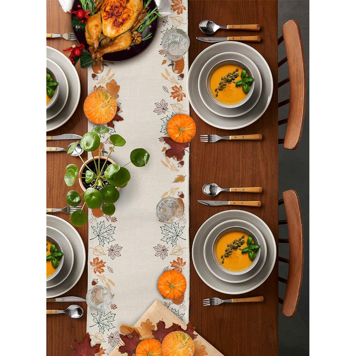 Autumn Table Runner 72" Long Pumpkin Pine Cone Maple Leaf Fall Leaves Thanksgiving Runner Dining Table Dinner Runner Kitchen Party Table Decoration