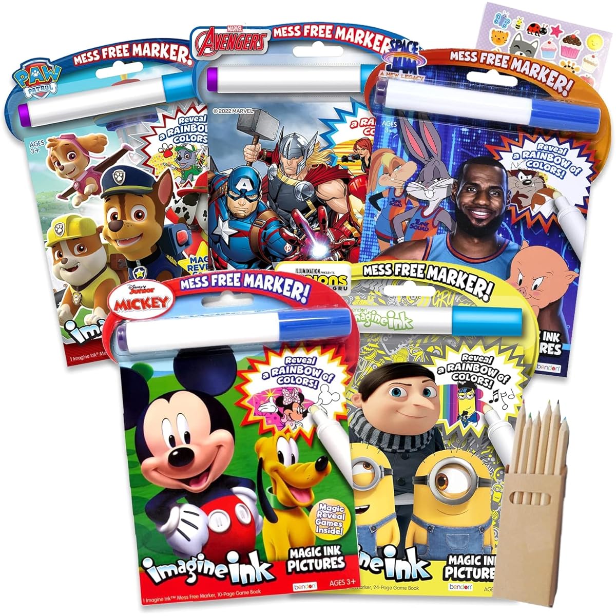 Set of 5 Imagine Ink Coloring Books for Boys with Favorite Cartoon Characters, No Mess Invisible Ink Pens