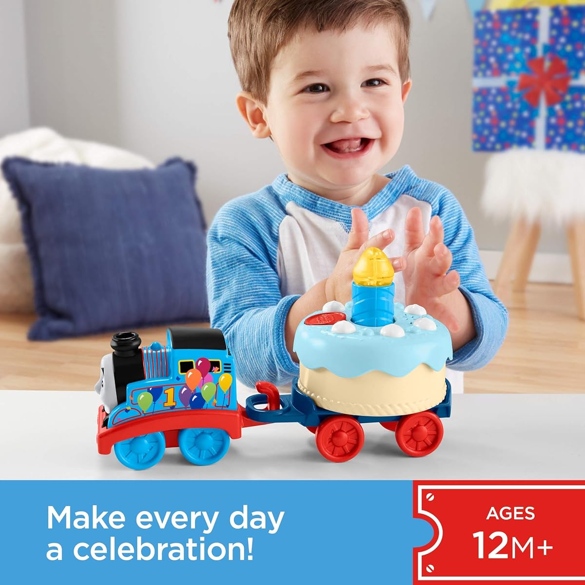 Thomas & Friends Fisher-Price Birthday Wish Thomas, Musical Push-Along Toy Train Engine with Light-up Birthday Cake for Toddlers and preschoolers Ages 12 Months & Older