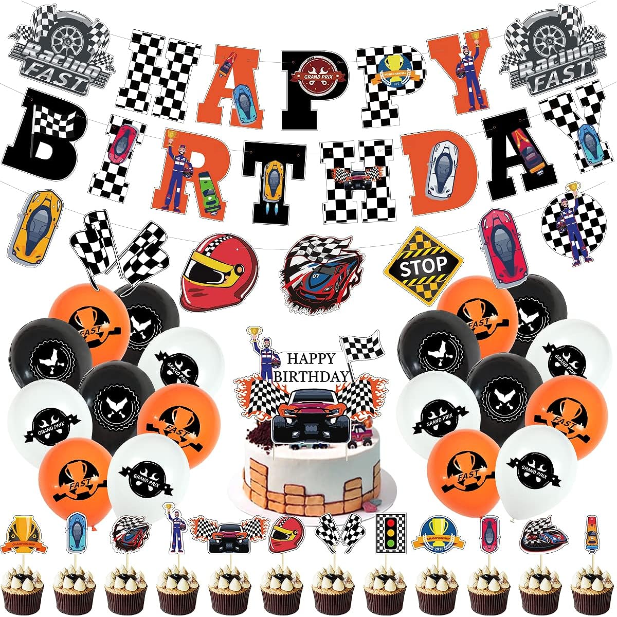 Race Car Birthday Party Decorations Set, Happy Birthday Banner, Racing Car Garland, Cake Cupcake Toppers, Race Car Latex Balloons for Boys Birthday Let'S Go Racing Party Supplies