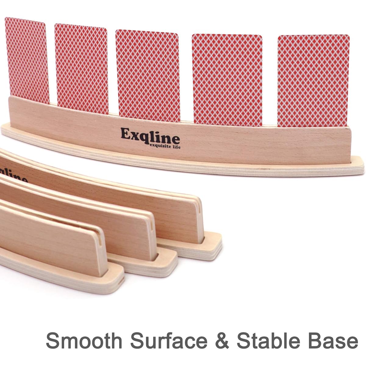 Exqline Wooden Curved Playing Card Holder Rack Tray Set of 4 for Kids, Seniors and Adults - 13.4" Wide Base Stable Enough for Canasta Bridge and Foot