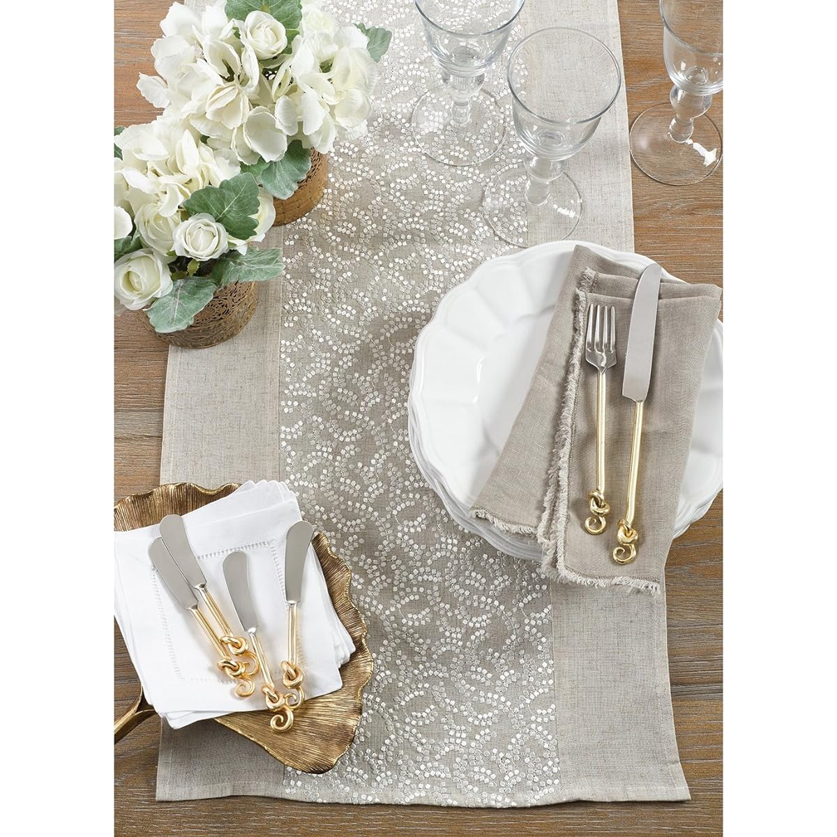 Fennco Styles Pretty Willows Embroidered Table Runner 16" W x 72" L - Natural Table Cover for Home Decor Banquets Family Gatherings and Special Events