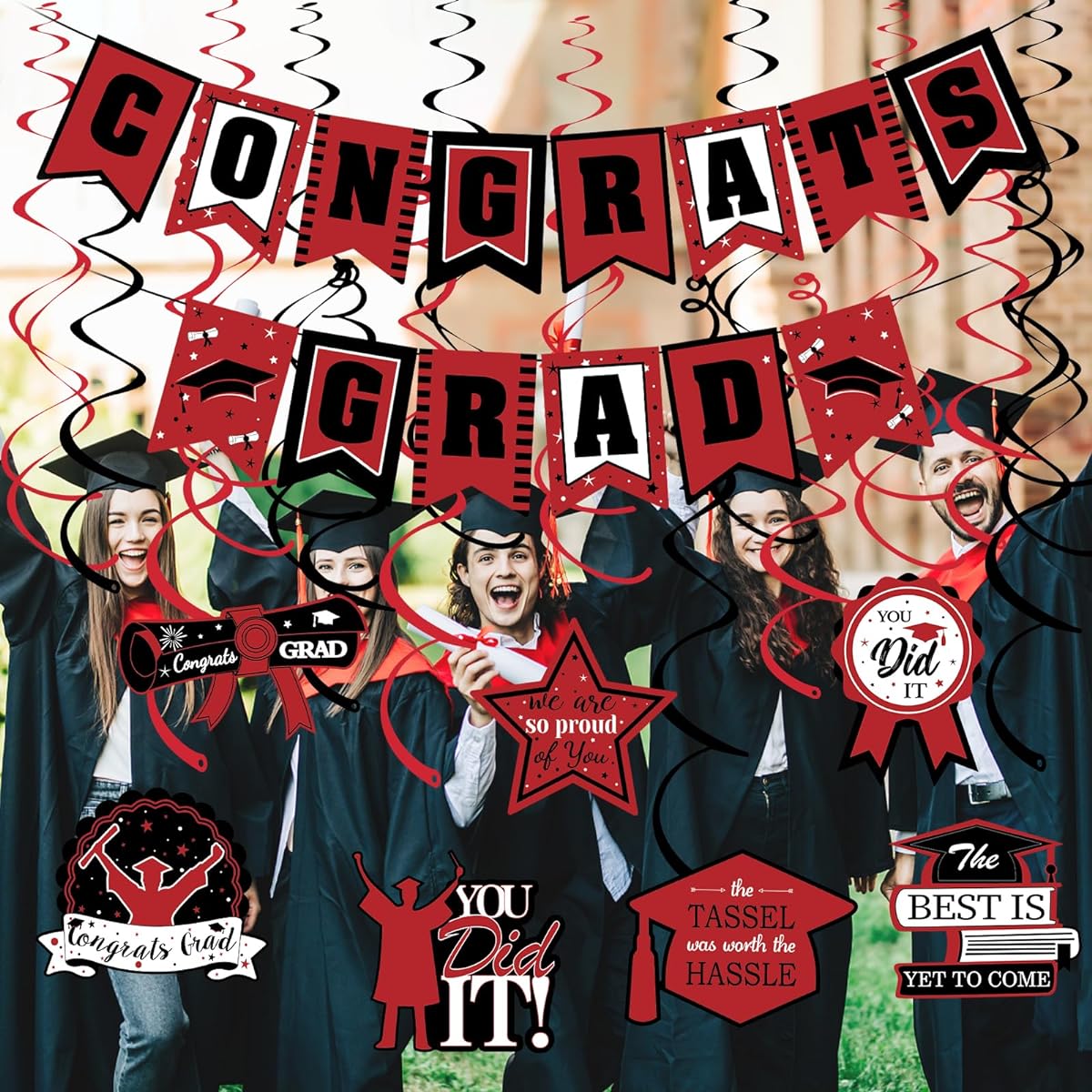 Red and Black Congrats Grad Banner Class of 2023 Hanging Swirl Graduation Gift Graduation Gift Graduation Banner Red Black Graduation Party Decorations 2023