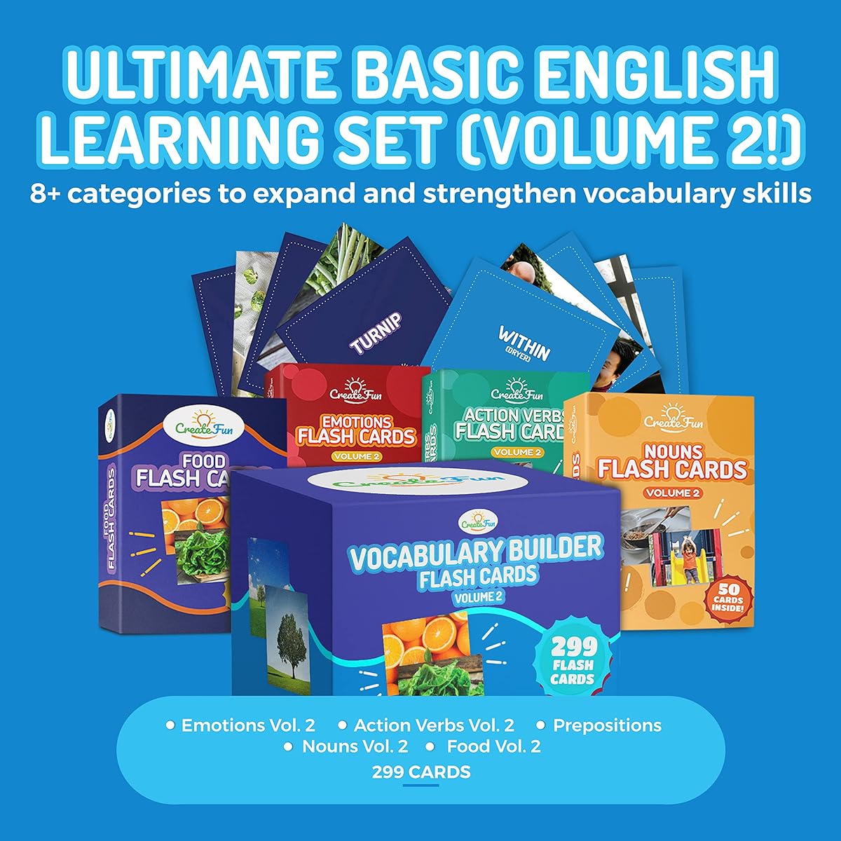 Vocabulary Builder Flash Cards Vol 2 | 300 Photo Cards with Learning Games | Speech Therapy ESL Autism Learning Materials Homeschool – Flash Cards for Toddlers | Emotions Foods Matching Verbs and More