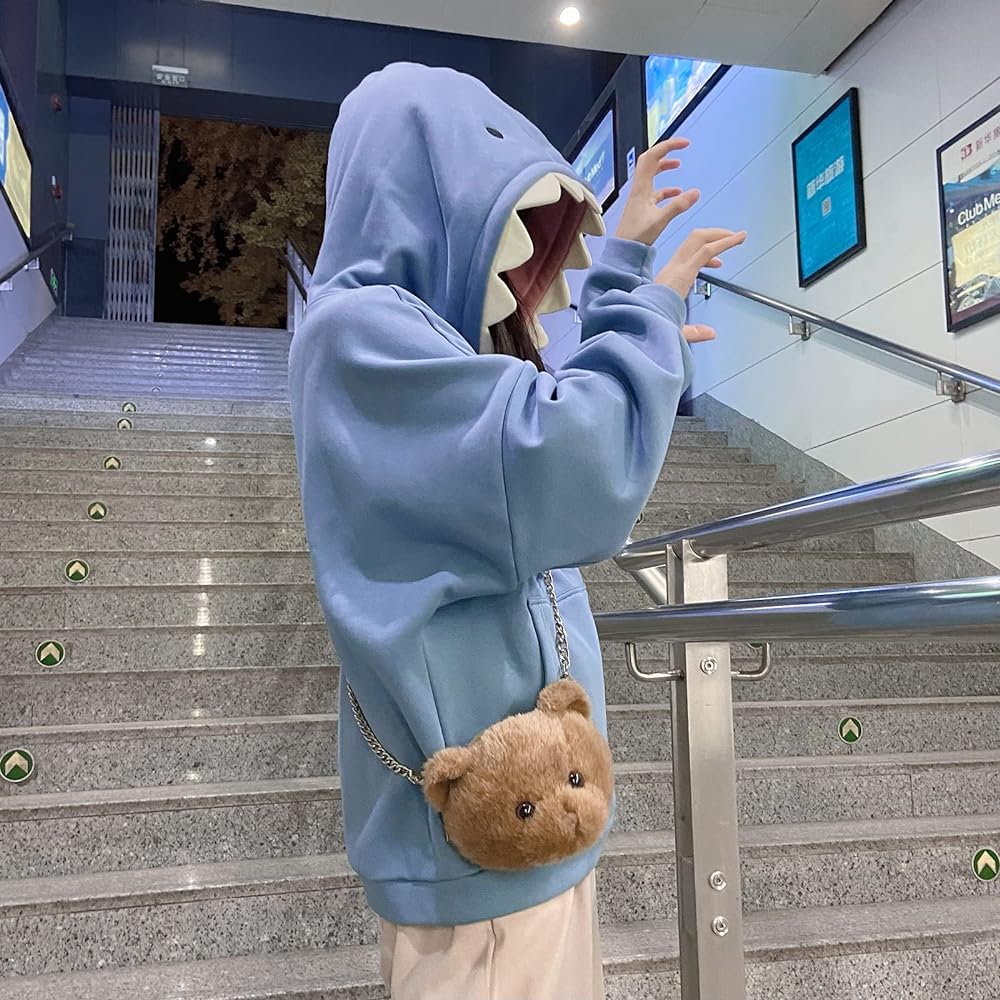 [TOWYYO] Hoodie, Unisex, Cute Shark Pullover, Long Sleeve, Hooded, Korean Fashion, Warm, Large Size, Autumn, Winter, Spring, Women, Men, Blue
