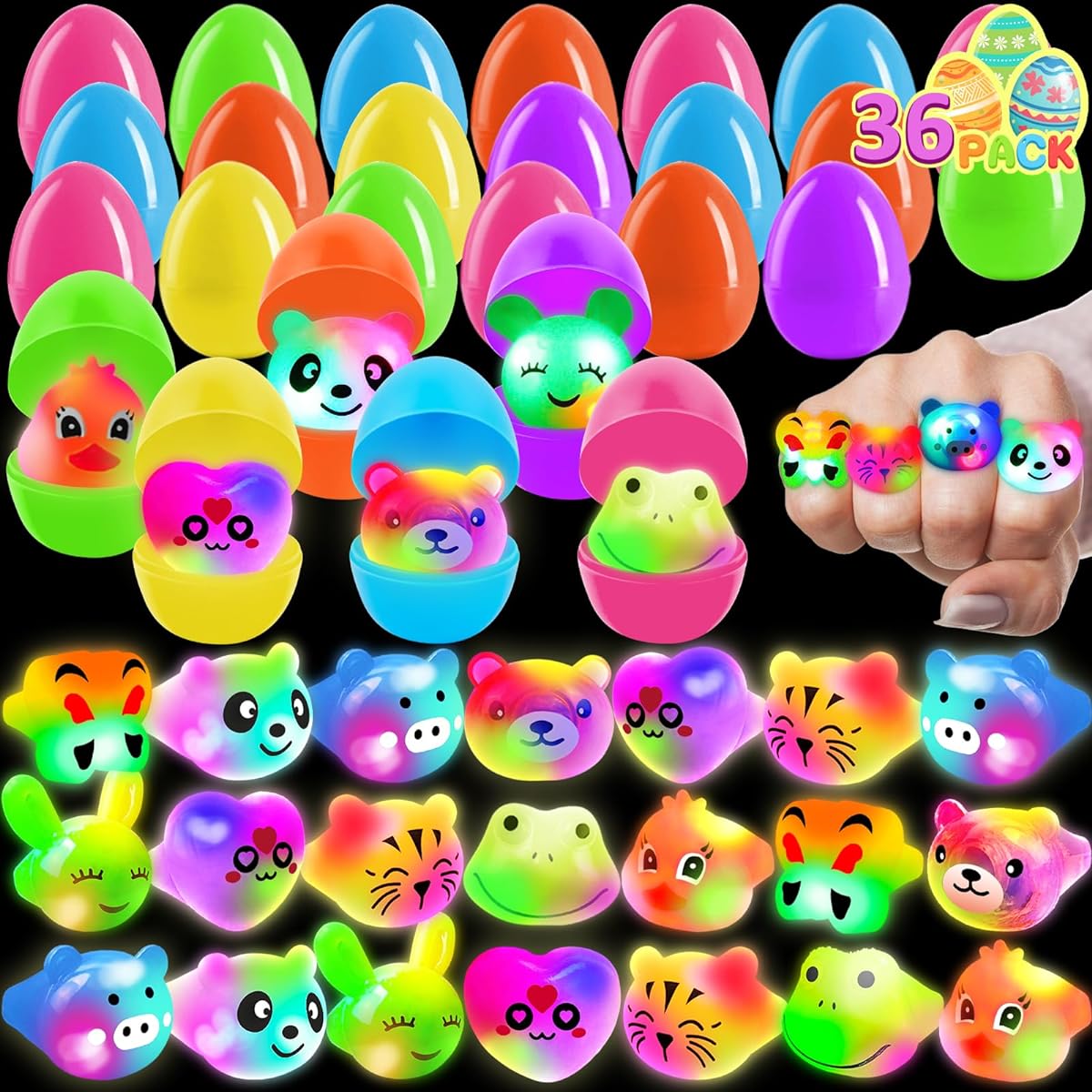 CL FUN 72 Easter Eggs with Toys, Easter Basket Stuffers for Kids, Boys and Girls, 36 Easter Eggs with Light Up Rings, Glow in the Dark, Easter Egg Hunt Supplies, Easter Party Favors