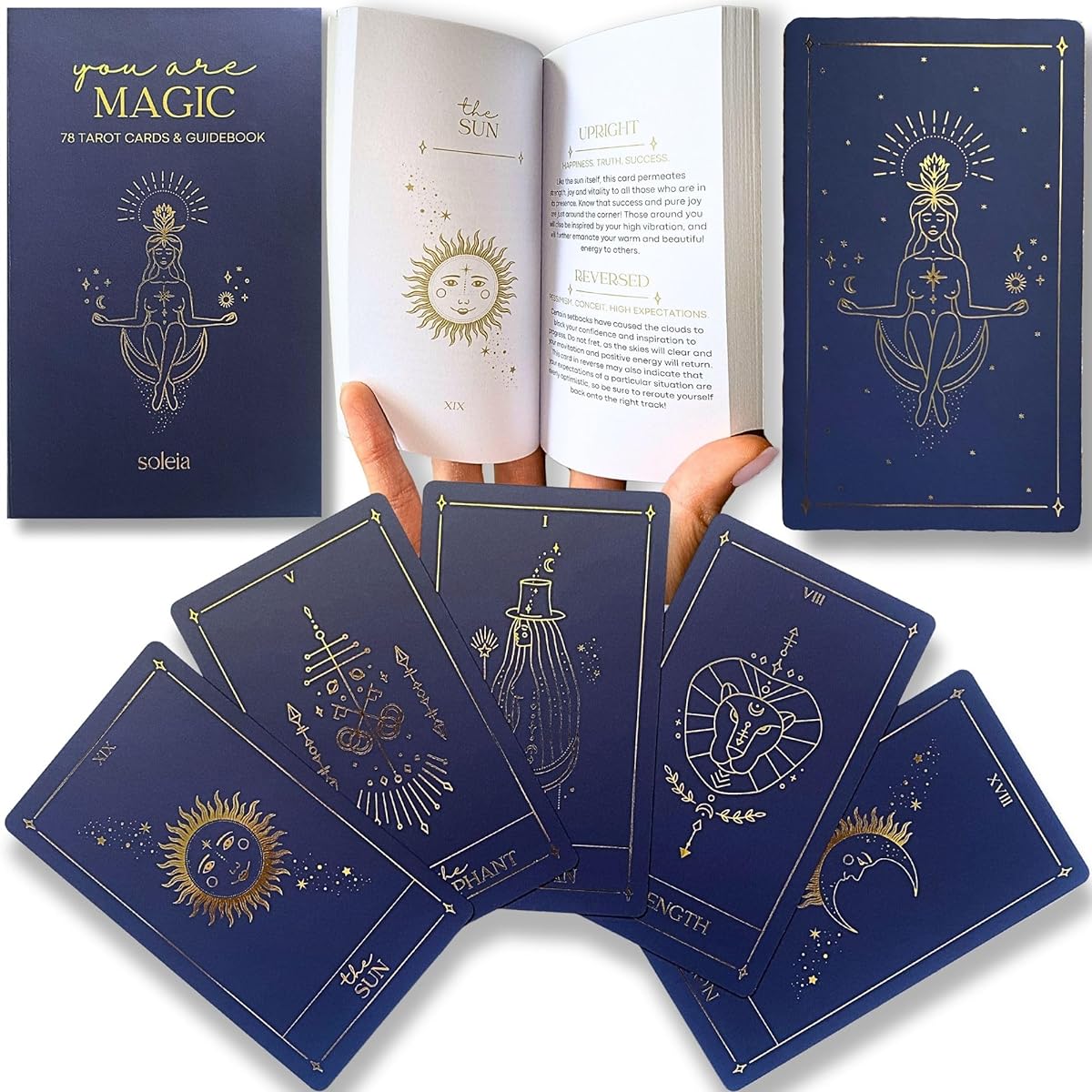 Soleia Tarot Cards with Guidebook | 78 Gold Foil Tarot Cards for Beginners | Tarot Deck with Guidebook and Premium Box | Inspired by the Rider-Waite Tarot | Navy