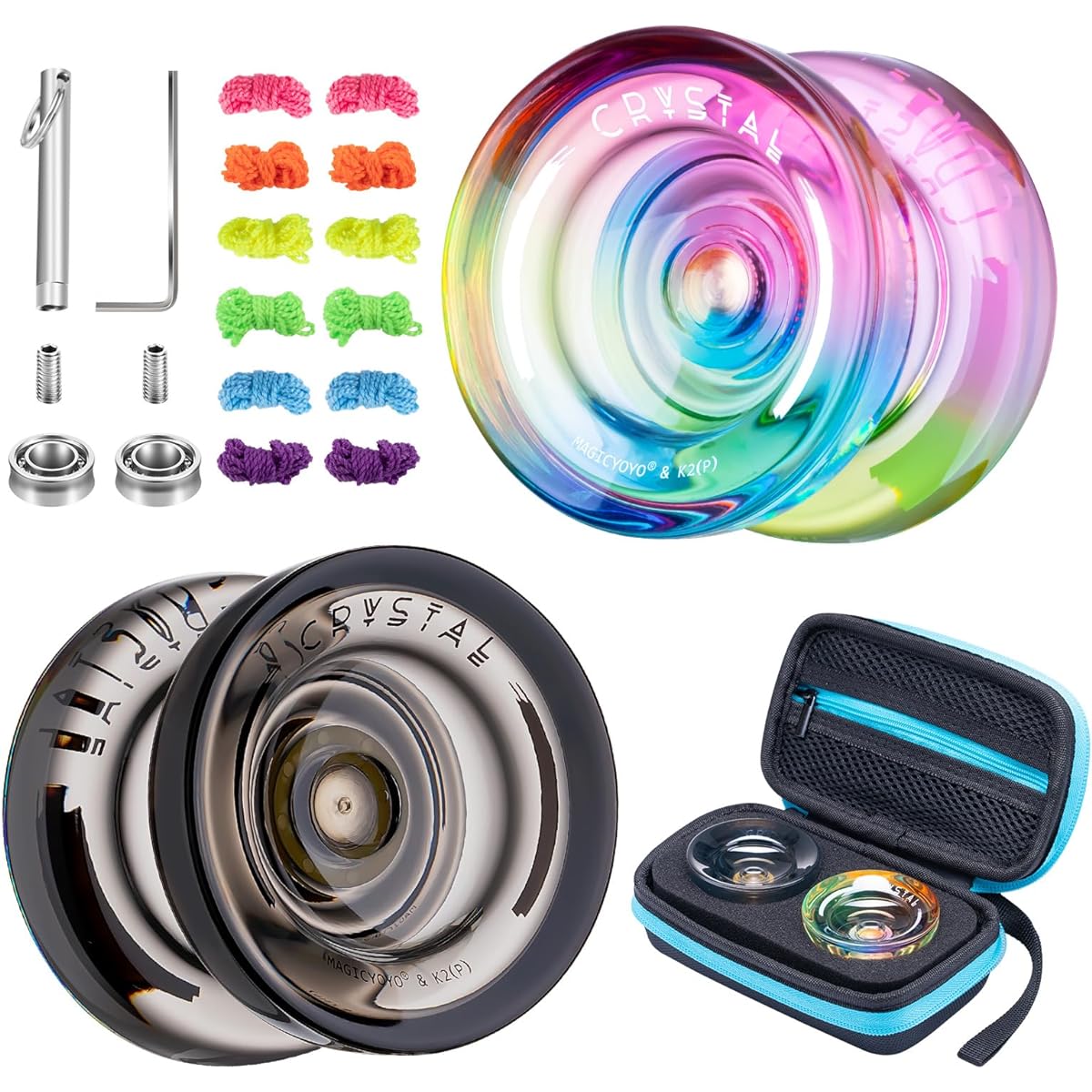 Responsive Yoyo for Kids - 2 Pack K2 Crystal Yoyos, Multi-Purpose Plastic Yoyo Professional Non-Responsive Yoyo Bearings + 12 Yoyo Strings, Yoyo Storage Case, Bearing Removal Tool (Gradient+Black)
