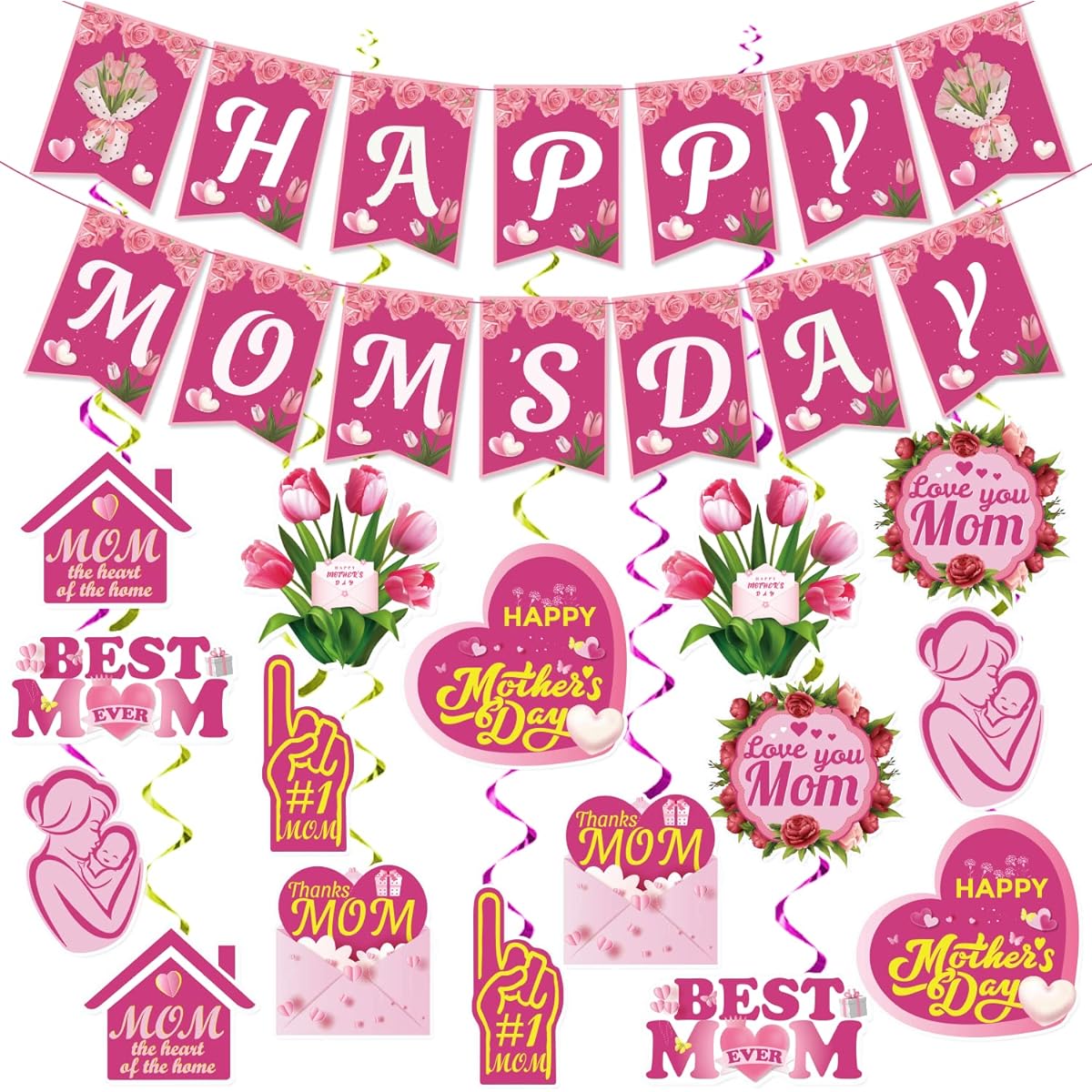 Mother's Day Decorations Happy Mom's Day Banner Mother's Day Hanging Swirl Decorations Mother's Day Banners Outdoor Banners Mother's Day Party Decoration Supplies