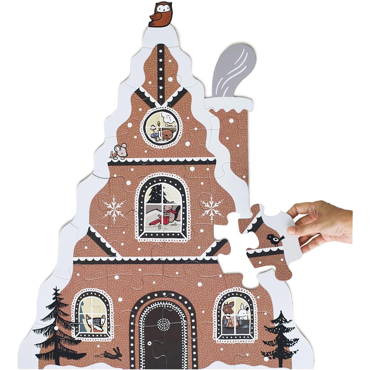 Wee Gallery Floor Puzzle Gingerbread House Large Puzzle 24 Piece Winter Holiday Animals Christmas Decoration Problem Solving Learning Activities for Children Kids Kindergarten