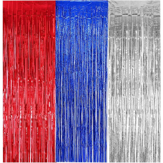 3 Pack Red Blue Silver Tinsel Foil Fringe Curtains Party Decoration 3.3ft x 8.2ft Curtains Patriotic Foil Curtains 4th of July Photo Booth Props Streamers Backdrop for Anniversary/Birthday