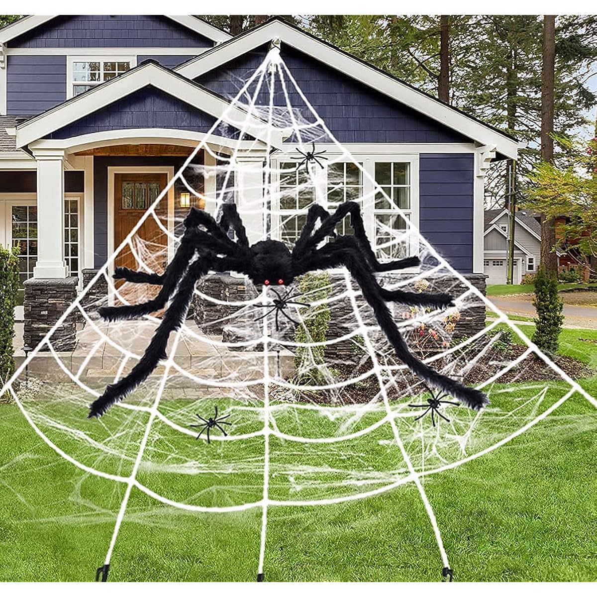 HOMEEQUIP 200" Halloween Spider Web Outdoor + 59" Giant Spider Decoration + 4 Fake Spider Webs Halloween Decorations Yard Costume Party Haunted House Decor