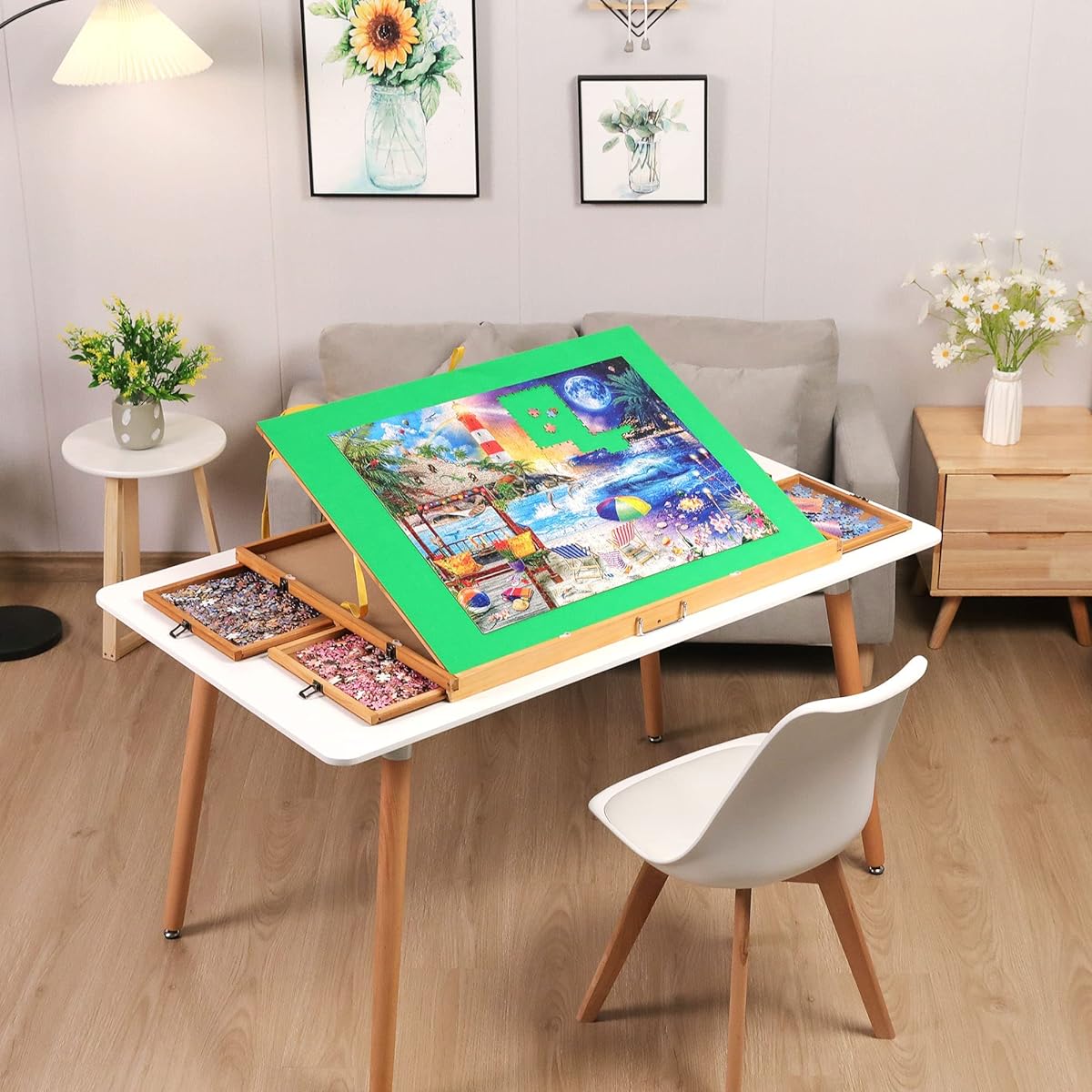 Jigsaw Puzzle Table with 4 Drawers, 1500 Piece Portable Puzzle Board with Wooden Puzzle Cover, 3 Angle Tilt Puzzle Table for Adults, Seniors, Teens