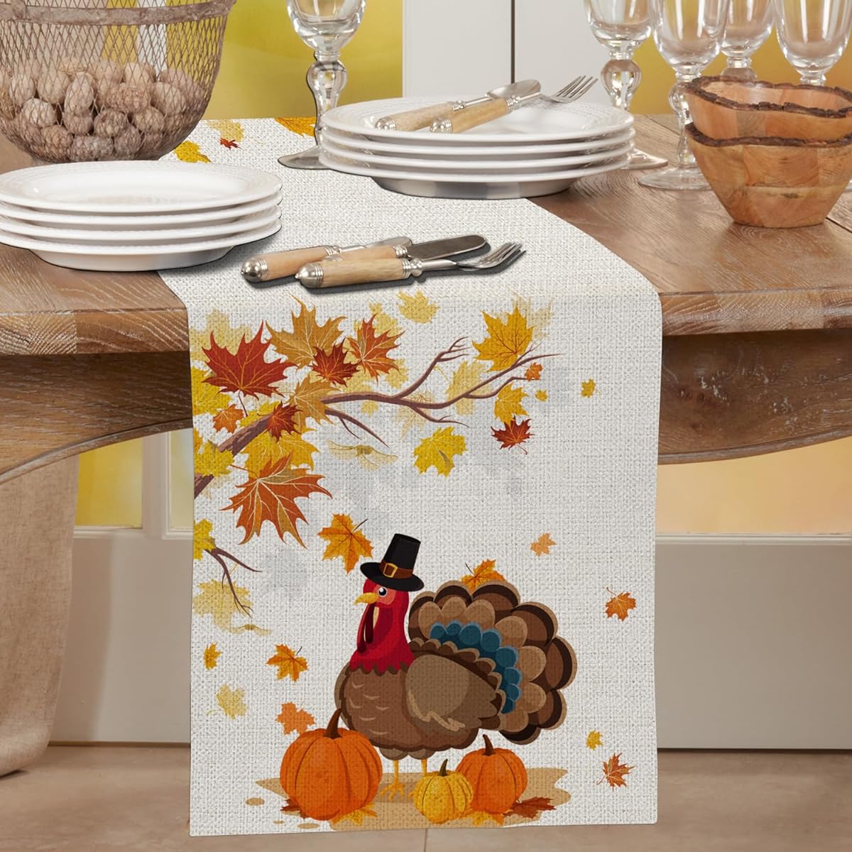 Fall Table Runner 48 Inch Length Turkey Pumpkin Leaf Table Runner Thanksgiving Holiday Floral Decoration for Party Fall Rustic Farmhouse Decor for Kitchen Dinner Home Dining Table