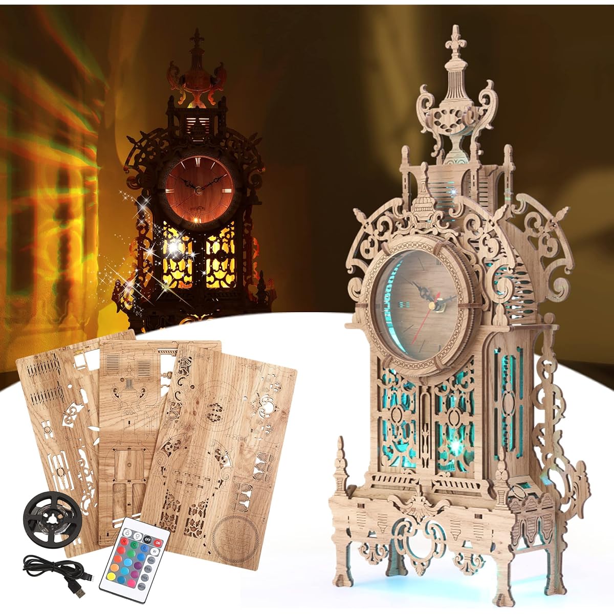 FUNPOLA LED 3D Wooden Puzzle Clock Tower Building Model Home Decor DIY 3D Puzzle Clock Kit