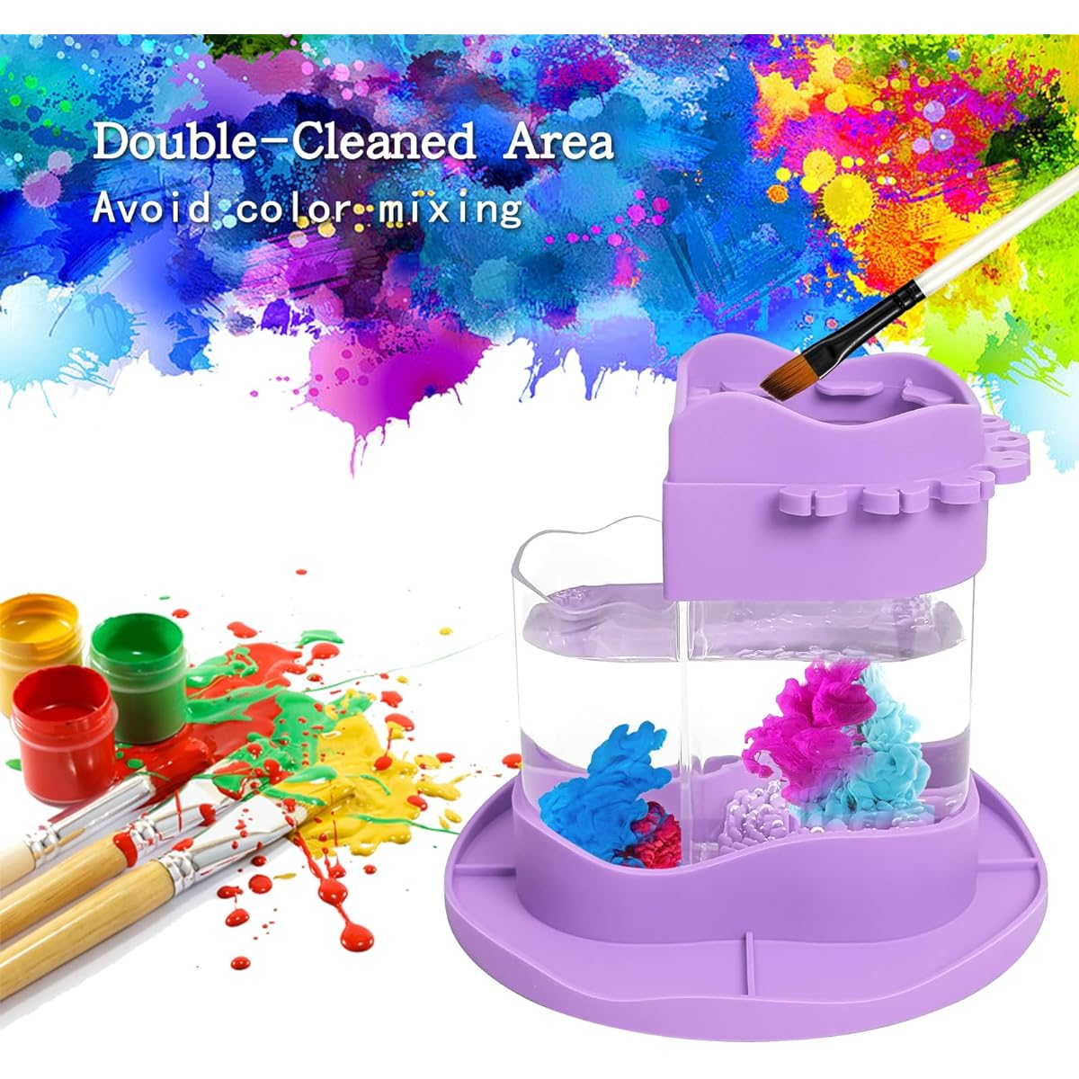 HaimaiLife Paint Brush Cleaner Rinse Cup Washable Silicone Paint Brush Holder Paint Water Dispenser All-in-One Fine Art Paint Brush Cleaning Cup for Acrylic/Watercolor/Water-Based Paints (Purple), Painting001