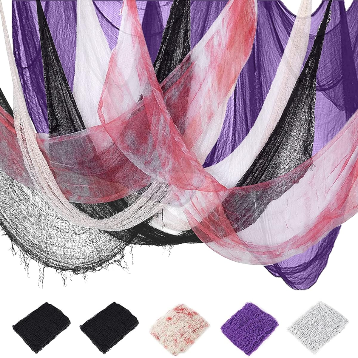 100 x 31.5 Inch Halloween Spooky Cloth, 5 Pack Halloween Fabric Decorations Creepy Gauze Cloth for Outdoor Party Supplies Haunted House Patio Garden Indoor Windows (Black+Purple+Blood+White)