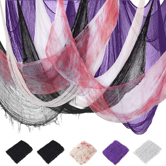 100 x 31.5 Inch Halloween Spooky Cloth, 5 Pack Halloween Fabric Decorations Creepy Gauze Cloth for Outdoor Party Supplies Haunted House Patio Garden Indoor Windows (Black+Purple+Blood+White)