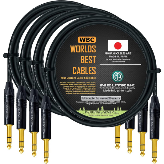 WORLDS BEST CABLES 4 Unit - 4 Feet - Balanced TRS Patch Cable Custom Made - Uses Mogami 2549 (Black) Wire and Neutrik NP3X-B Gold TRS Stereo Plugs