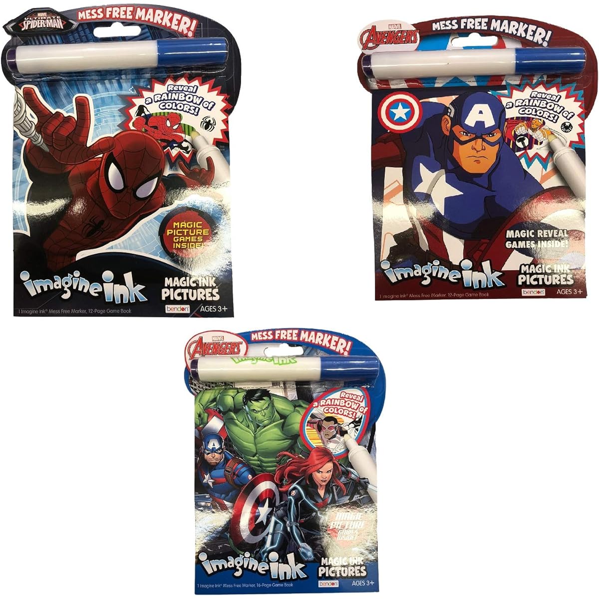 Imagine Ink Coloring Set for Superhero Kids - 3 Magic Ink Books with Avengers, Spiderman and Captain America