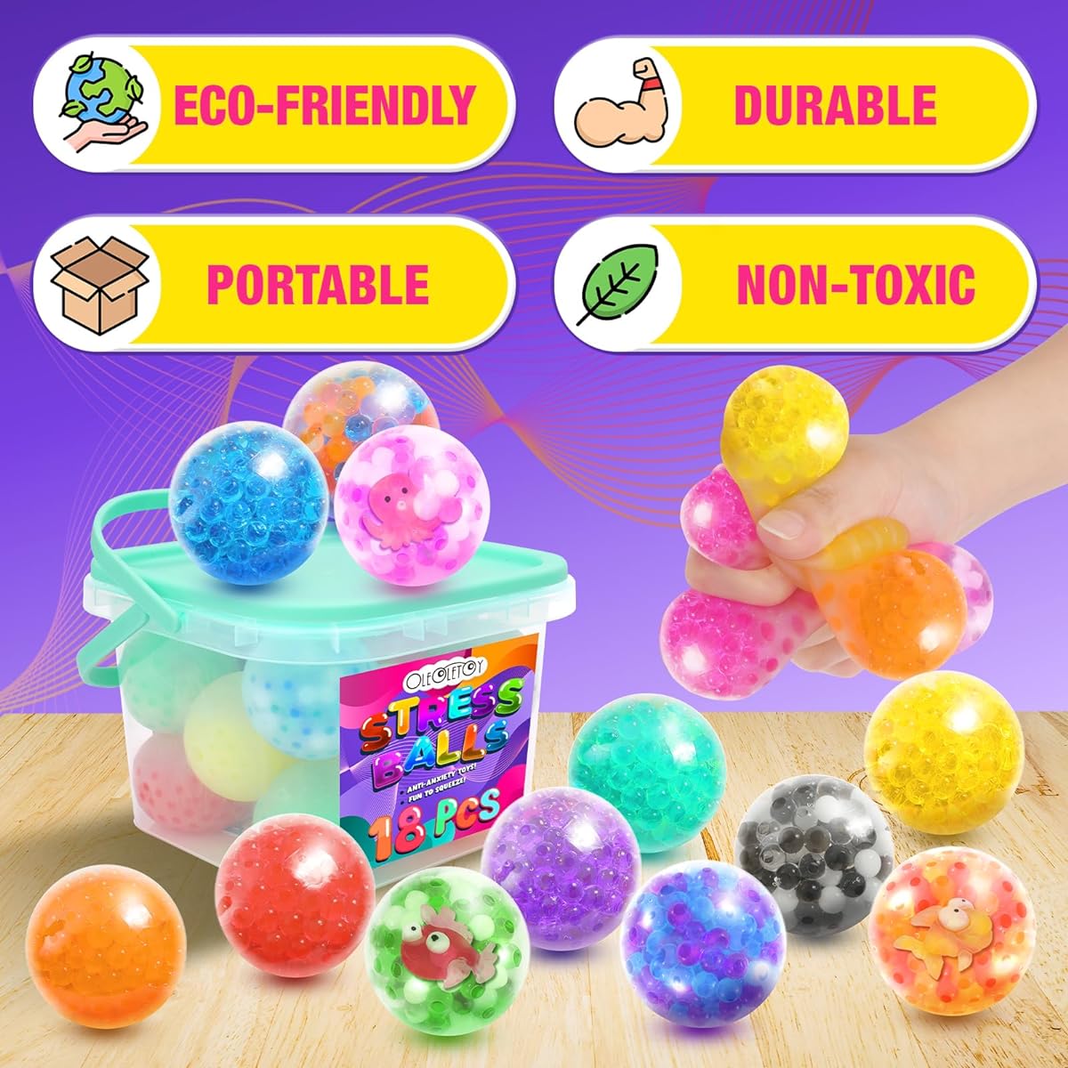 Stress Ball Sensory Squishy Toys: OleOletOy 18 Pack Stress Balls for Adults, Stress Relief, Squishy Balls Fidget Toys, Autism Sensory Toys, Classroom Prizes, Party Favors, Travel Toys, Gifts