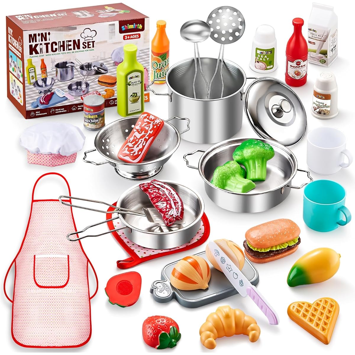 Shimirth 37PCS Pretend Play Kitchen Accessories, Kids Kitchen Playset Stainless Steel Play Pots and Pans Sets for Kids, Apron & Chef Hat, Cooking Utensils, Play Food, Kitchen Toys, Gift for Boys Girls
