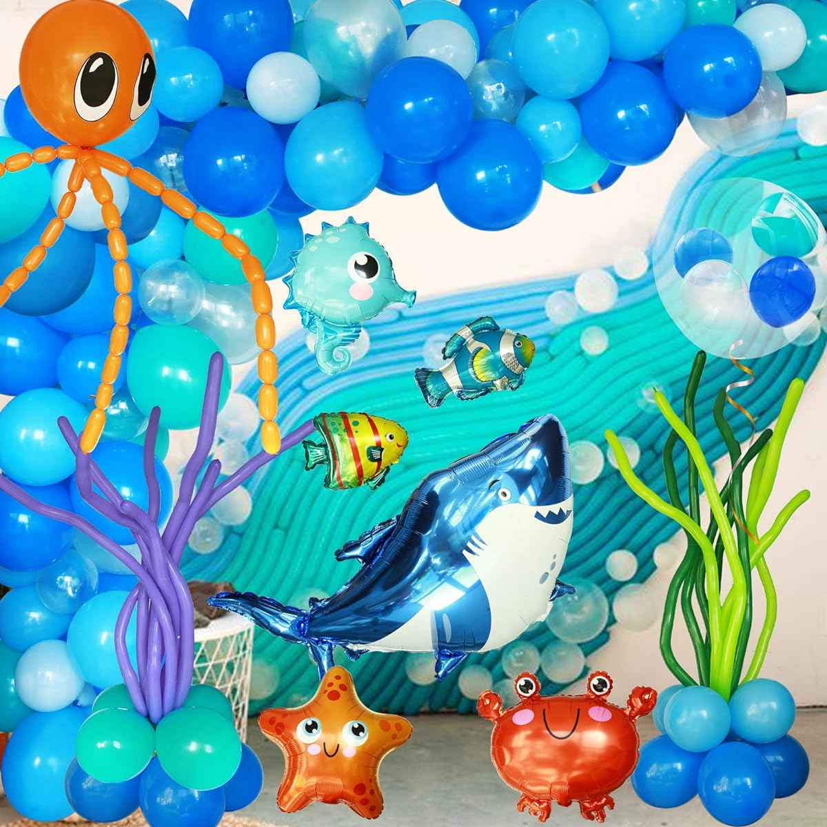 Ocean Animals Birthday Party Decorations Blue Ocean Balloons Garland Kit Shark Bubble Fish Kakronyo Hippo Crab Starfish Undersea Theme Birthday Boy Baby Shower Party Supplies 160pcs