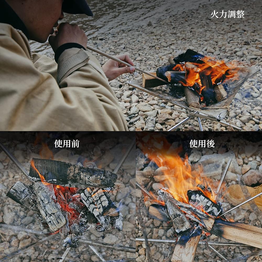 Fire blowing stick, fire starter, fire blowing bellows, telescopic, 63 cm, with strap, storage bag included, 6 tiers, compact, lightweight, stainless steel, natural wood, durable, bonfire, camping equipment, barbecue