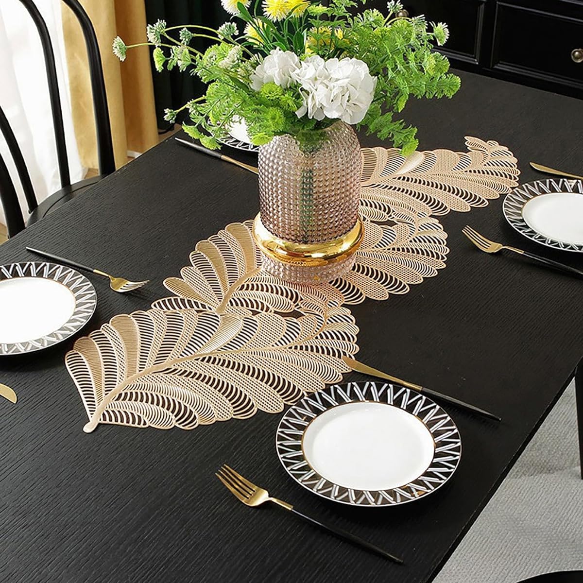 FAVE Gold Table Runner 36 Inch Heat Resistant Table Runner Leaf Shape Vinyl Table Runner Waterproof Washable Table Mat Table Runner for Party Wedding Decorations (Table Runner - Gold Leaf Shape)