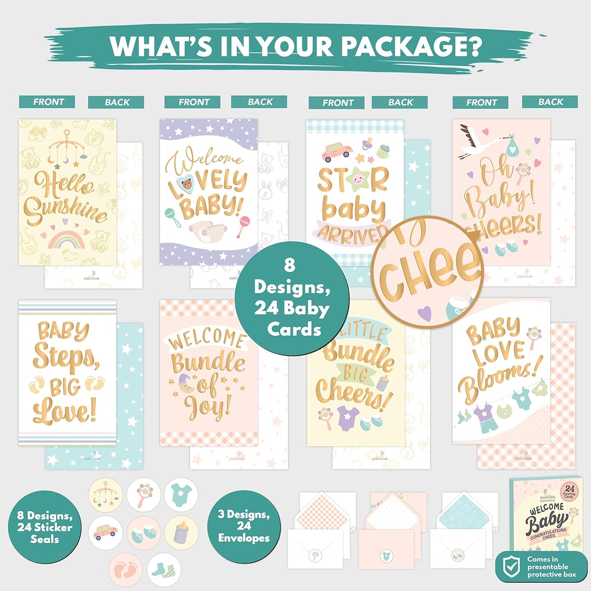24 Pack Gold Foiled New Baby Card with Envelopes & Stickers, 8 Designs Baby Cards Congratulations with Printed Messages Inside, 4x6in Congratulations Baby Card, Welcome Baby Card, Baby Shower Cards