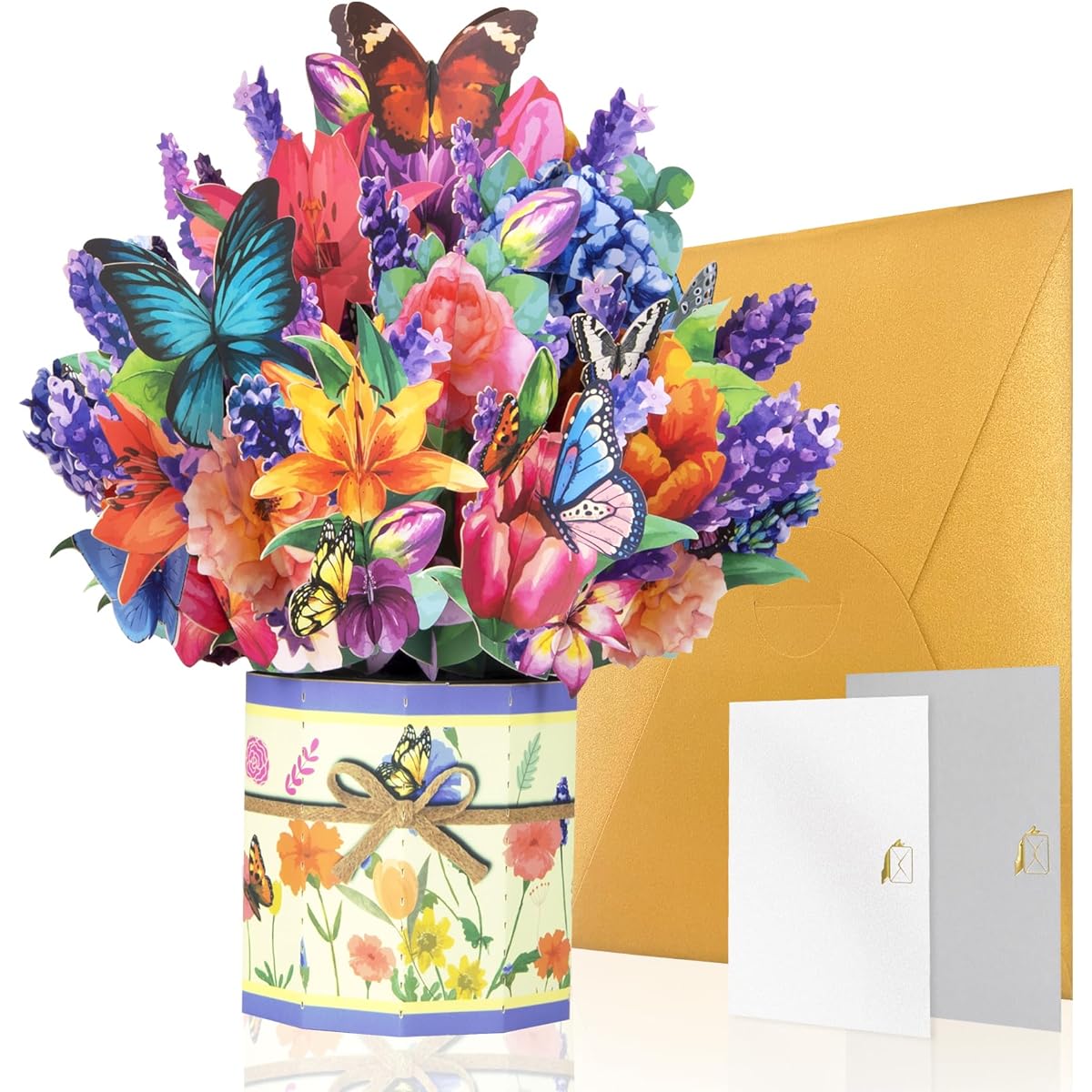 Greeting Art Paper Pop Up Bouquet Card, Get Well Soon Pop Up Card, Rose Butterfly, 9" Forever Flower Paper 3D Pop Up Card with Note Card and Envelope for Birthday, Easter, Mother's Day, Women's Day