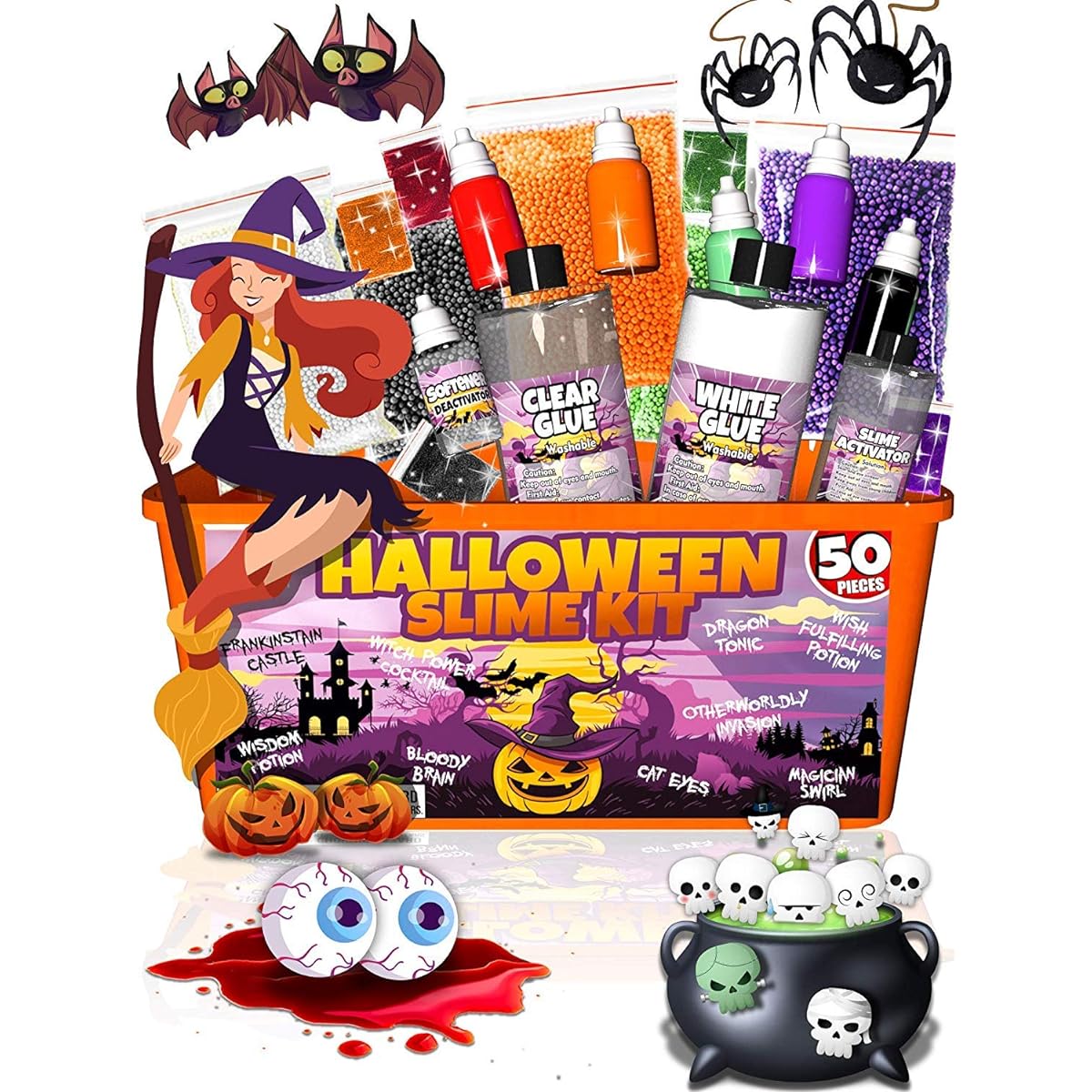 Spooky Slime Kit for Girls and Boys - 50 Piece DIY Slime Making Set - Slime Glue Activator Glowing Spooky Scary Creepy Additions - Great Gift for Kids